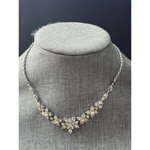 Vintage Bogoff Rhinestone Necklace Silver Tone Clear Choker Signed 50s 60s Retro